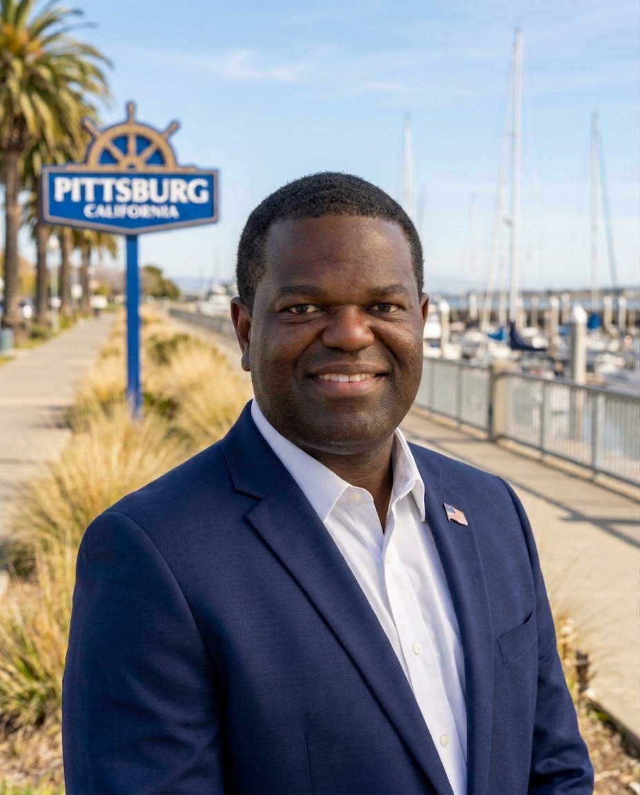 Alvin Nelson, candidate for Pittsburg City Council, with the Pittsburg waterfront in the background